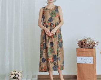 Summer Printed Cotton Dress Floral Casual Loose Robes Sleeveless Dress Boho Midi Dresses Customized Dress Plus Size Clothing Linen Dress