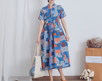 Summer Printed Cotton Dress Floral Casual Loose Robes Short Sleeves Dress Boho Midi Dresses Customized Dress Plus Size Clothing Linen Dress