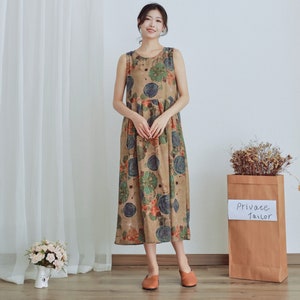 Summer Printed Cotton Dress Floral Casual Loose Robes Sleeveless Dress Boho Midi Dresses Customized Dress Plus Size Clothing Linen Dress image 1