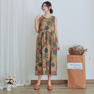 Summer Printed Cotton Dress Floral Casual Loose Robes Sleeveless Dress Boho Midi Dresses Customized Dress Plus Size Clothing Linen Dress image 2