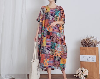 Oversized Dress Summer Dress Printed Cotton Dress Floral Casual Loose Robes Half Sleeves Shift Dress Boho Midi Dresses Customize Linen Dress