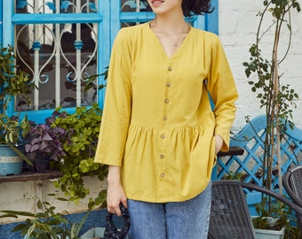 Women's Summer Cotton Tops Long Sleeves Blouse Casual Loose Shirt Customized Shirt Top Hand Made Plus Size Clothes Linen