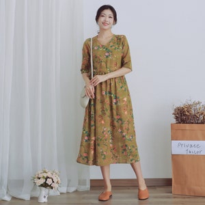 Summer Printed Cotton Dress Floral Casual Loose Robes Half Sleeves Dress Tunics Boho Midi Dresses Customized Dress Plus Size Linen Dress