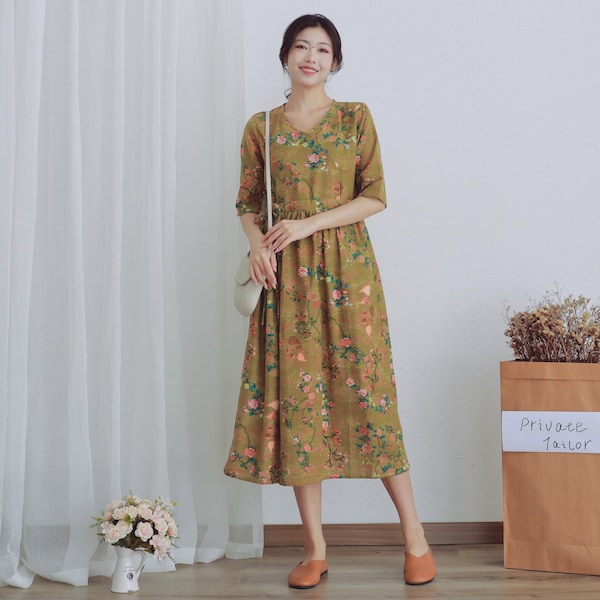 Summer Printed Cotton Dress Floral Casual Loose Robes Half Sleeves Dress Tunics Boho Midi Dresses Customized Dress Plus Size Linen Dress