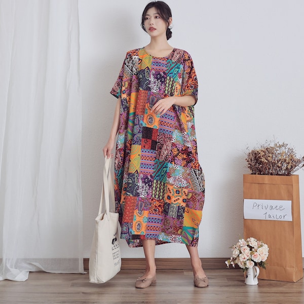 Oversized Dress Summer Dress Printed Cotton Dress Floral Casual Loose Robes Half Sleeves Shift Dress Boho Midi Dresses Customize Linen Dress