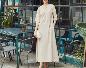 Summer Cotton Dress Casual Loose Dress Tunics Half Sleeves V-Neck Robes Midi Dresses Customized Dress Plus Size Clothing Linen Dress