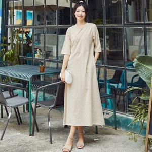 Summer Cotton Dress Casual Loose Dress Tunics Half Sleeves V-Neck Robes Midi Dresses Customized Dress Plus Size Clothing Linen Dress