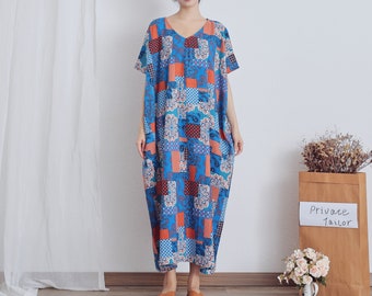 Oversized Dress Summer Dress Printed Cotton Dress Floral Casual Loose Robes Half Sleeves Shift Dress Boho Maxi Dresses Customize Linen Dress