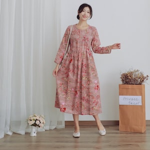 Floral bedrucktes Kleid Frauen Baumwollkleid Weich Beiläufig Lose Roben mit Langen Ärmeln Etuikleid Boho Midi Kleider Angepasst Übergröße Leinenkleid