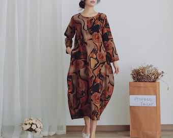 Floral Dress Soft Cotton Dress Casual Loose Shift Dress Printed Dress Long Sleeves Robes Midi Dresses Customize Dress Plus Size Linen Dress