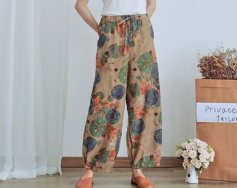 Floral Summer Pant Printed Elastic Waist Cotton Pants Soft Casual