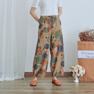 Floral Summer Pant Printed Elastic Waist Cotton Pants Soft Casual Loose Large Size Trousers Wide Leg Pant Customized Plus Pants Linen Pant