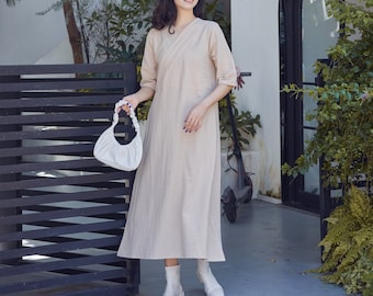 Summer Cotton Dress Casual Loose Dress Tunics Half Sleeves V-Neck Robes Midi Dresses Customized Dress Plus Size Clothing Linen Dress