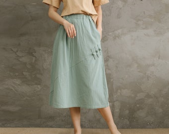 Summer Cotton Skirts A-line Pleated Elastic Waist Skirt Flared Casual Loose Midi Skirts Customized Plus Size Skirt Boho Linen