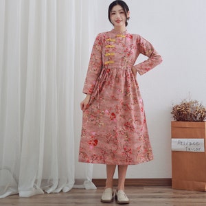 Spring Cotton Dress Drawstring Dress Long Sleeves Buttons dress Floral Print Midi-calf dress Customized plus size dress Tailored Linen dress
