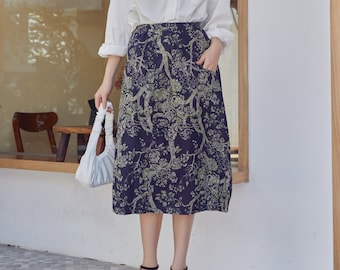 Printed Summer Cotton Skirt Casual Loose Skirts A-line Pleated Elastic Waist Skirt Flared Midi Skirts Customized Plus Size Skirt Boho Linen