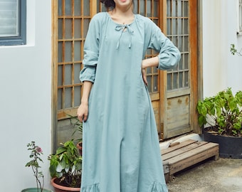 Women Cotton Dress Soft Casual Loose Robes Long Sleeves Shift Dress Boho Maxi Dresses Customized Dress Plus Size Clothing Linen Dress