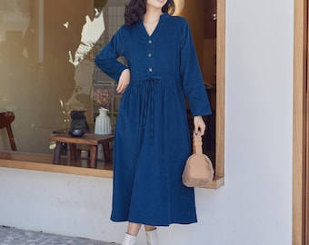 Winter/Fall 100%Cotton Corduroy Dress Long Sleeves Midi Dress Loose Thicker Warm Buttons Shirt Collar Dress Customized Plus Waistline Dress