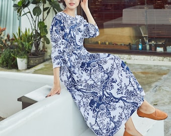 Women Printed Cotton Dress Soft Casual Loose Robes Long Sleeves Shift Dress Boho Maxi Dresses Customized Dress Plus Size Linen Dress