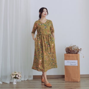 Summer Printed Cotton Dress Floral Casual Loose Robes Half Sleeves Dress Tunics Boho Midi Dresses Customized Dress Plus Size Linen Dress image 2