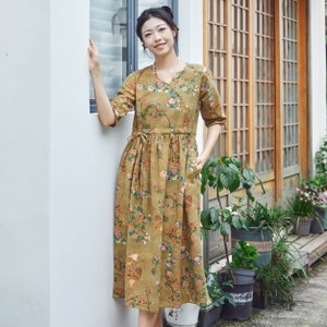 Clearance Summer Printed Cotton Dress Casual Floral Half Sleeves Dress Midi Dresses Soft Homewear clothes
