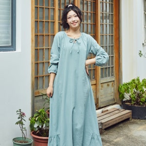 Women Cotton Dress Soft Casual Loose Robes Long Sleeves Shift Dress Boho Maxi Dresses Customized Dress Plus Size Clothing Linen Dress image 1