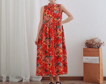 Sommer bedrucktes Kleid, Baumwollkleid, florales lässiges lockeres Roben, ärmelloses Kleid, Boho-Maxi-Kleider, individuelles Kleid, Plus-Size-Leinenkleid