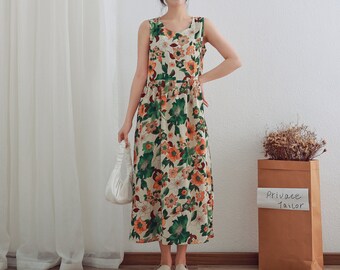 Summer Printed Dress Cotton Dress Floral Casual Loose Robes Sleeveless Dress Boho Maxi Dresses Customized Dress Plus Sundress Linen Dress