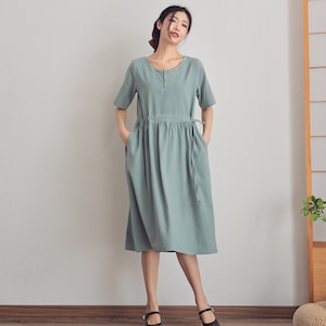 Summer Cotton Dress Casual Loose Tunics Short Sleeves Dress Shirt Robes Midi Dresses Customized Dress Plus Size Clothes Linen Dress