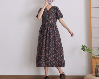 Summer Printed Cotton Dress Floral Casual Loose Robes short sleeves Dress Boho Midi Dresses Customized Dress Plus Size Clothing Linen Dress