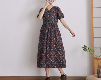 Summer Printed Cotton Dress Floral Casual Loose Robes Sleeveless Dress Boho Midi Dresses Customized Dress Plus Size Clothing Linen Dress