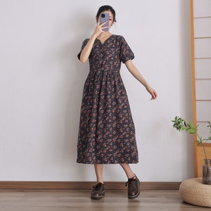 Summer Printed Cotton Dress Floral Casual Loose Robes short sleeves Dress Boho Midi Dresses Customized Dress Plus Size Clothing Linen Dress