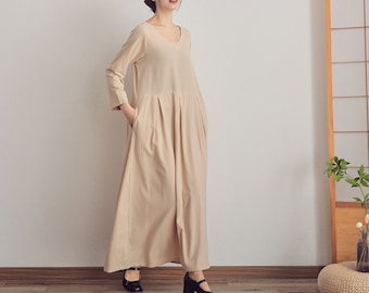 Summer Dress Soft Cotton dresses Nine-point Sleeves dress V-neck Maxi dress loose robes casual Dress customized plus size Dress Linen Dress