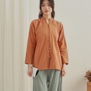 Women New Spring Cotton Tops Long Sleeve Causal Shirt Buttons Summer Tunics Loose Blouse Customized  Plus Size TOP Linen Stand collar Top
