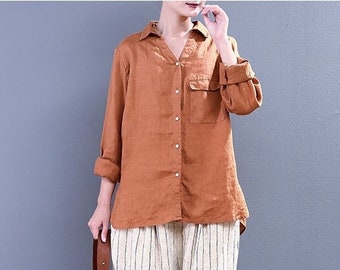 Women's Cotton Tops Long Sleeves Shirt Buttons Blouse Casual Loose Kimono Customized Shirt Top Plus Size Clothes Linen Blouse