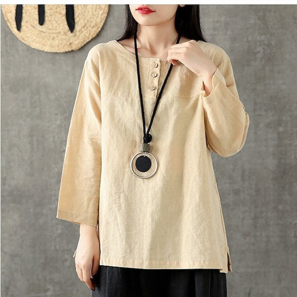 Women's Summer Cotton Tops Short Sleeves Blouse Casual Loose Kimono Customized Shirt Top Hand Made Plus Size Clothes Linen Blouse