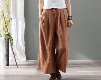Sommer-elastische Taille Baumwollhose weiche beiläufige lose Hose Hose mit weitem Bein nach Übergröße Hosen Leinen Frühlingshose