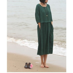 Women Long Sleeves Cotton Dress Soft Casual Loose Tunics Shirt Robes Midi Dresses Customized Dress Plus Size Clothing Linen DRESS