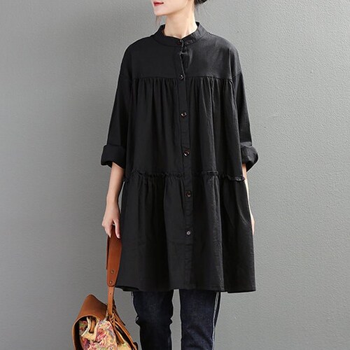 New Spring Cotton Tops Long Sleeve Shirt Dresses Buttons Etsy