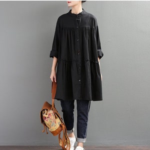 New Spring Cotton Dress Long Sleeve Shirt Dresses Buttons Tunics Loose Dress Knee Blouse Customized Dress Plus Size Clothing Linen