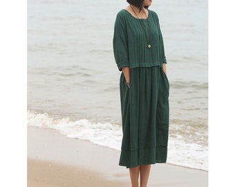 Women Long Sleeves Cotton Dress Soft Casual Loose Tunics Shirt Robes Midi Dresses Customized Dress Plus Size Clothing Linen DRESS