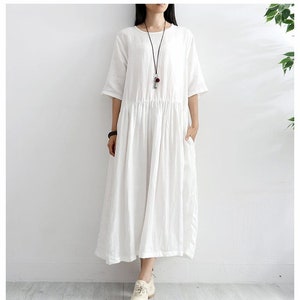 Summer Cotton Dress Soft Casual Loose Tunics Half Sleeves Dresses Robes Maxi Dresses Customized Dress Plus Size Clothing Linen