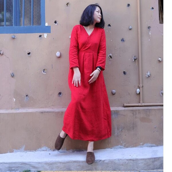 Women Cotton Dress Casual Loose Robes Long Sleeves Shift Dresses Maxi Tunics Customized Plus Size Clothing Linen