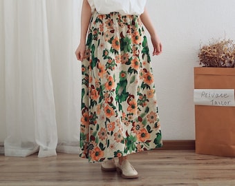 Printed Floral Summer Cotton Skirts A-line Pleated Elastic Waist Skirt Flared Casual Loose Maxi Skirts Customized Plus Size Skirt Boho Linen