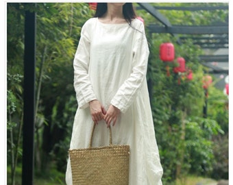 Women Cotton Dress Soft Casual Loose Robes Long Sleeves Shift Dress Boho Maxi Dresses Customized Dress Plus Size Clothing Linen Dress