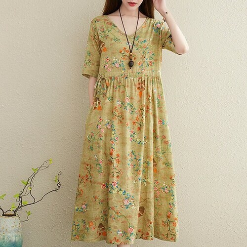 Summer Printed Cotton Dress Floral Casual Loose Robes Short - Etsy