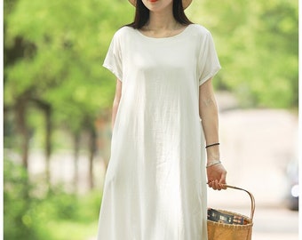 Summer Dress Cotton Dress Soft Casual Loose Tunics Buttons Short Sleeves Robes Maxi Dresses Customized Dress Plus Size Clothing Linen Dress