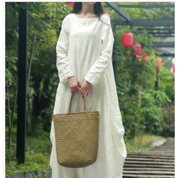 Women Cotton Dress Soft Casual Loose Robes Long Sleeves Shift Dress Boho Maxi Dresses Customized Dress Plus Size Clothing Linen Dress