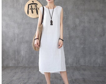 Summer Cotton Dress Casual Loose Tunics Sundress Sleeveless Shift Robes Midi Dresses Customized Dress Plus Size Clothes Linen