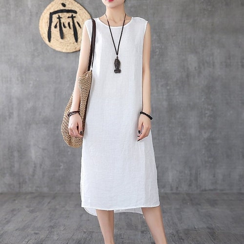 White Cotton Linen Long Dress Summer Casual Loose V Neck Midi - Etsy Canada